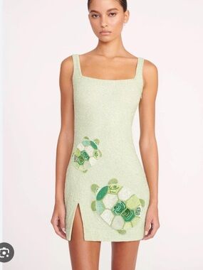 STAUD Coastal Vacation Beaded Turtle Mini Dress Green Embellished Size M